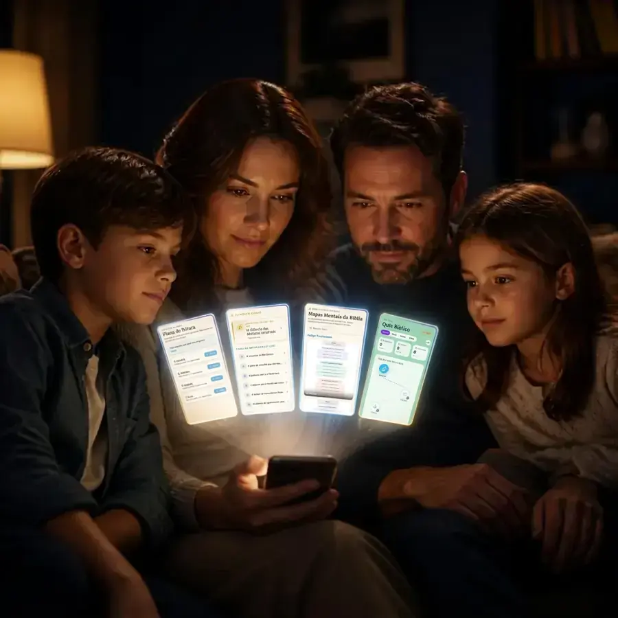 Família olhando o celular no sofá — Bíblia Fácil para toda a família