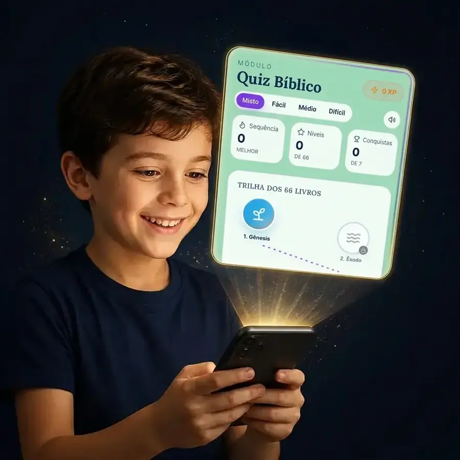 Criança usando o app Bíblia Fácil