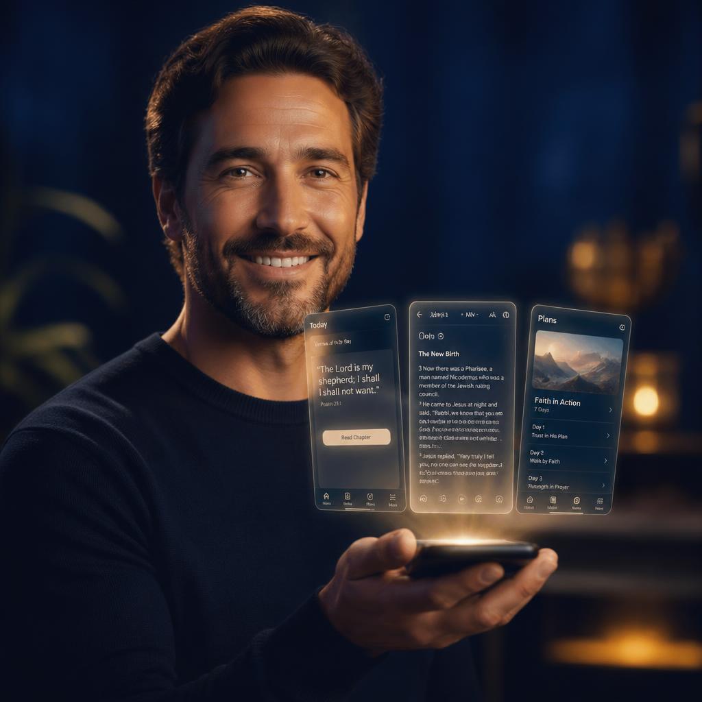Homem sorrindo com celular e holograma das telas do app Bíblia Fácil