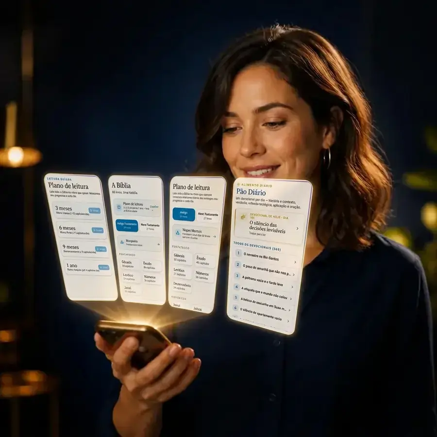 Mulher sorrindo segurando celular com holograma das telas do app Bíblia Fácil